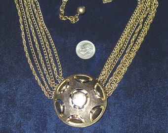 Vintage 6 Strand Gold Tone Atomic Age Pendant Choker Necklace. 1960's Jewelry #121