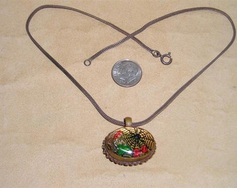 Vintage Goofus Glass Mermaid And Spider Necklace Solid Brass Choker Circa 1910 Antique Jewelry 6019