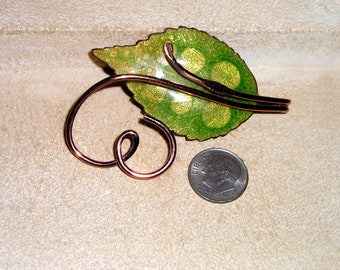 Vintage Signed Matisse Renoir Green Cloisonne Copper Leaf Brooch Pin. Splendid Piece 1950's Jewelry 2088