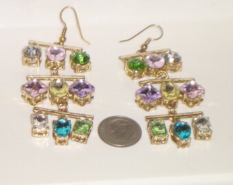 Vintage Pastel Rhinestone Shoulder Duster Articulated Pierced Earrings. Chic! 1980's Jewelry 8015