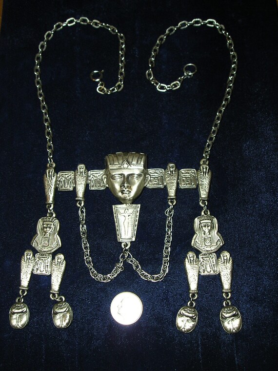 Vintage Large Silver Tone Egyptian Pharaoh Bib Ne… - image 4