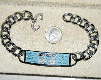 Signed Hong Kong Las Vegas Heavy Silver Tone Blue Enamel Bracelet. Casinos Rare 1960's Vintage Jewelry 2115