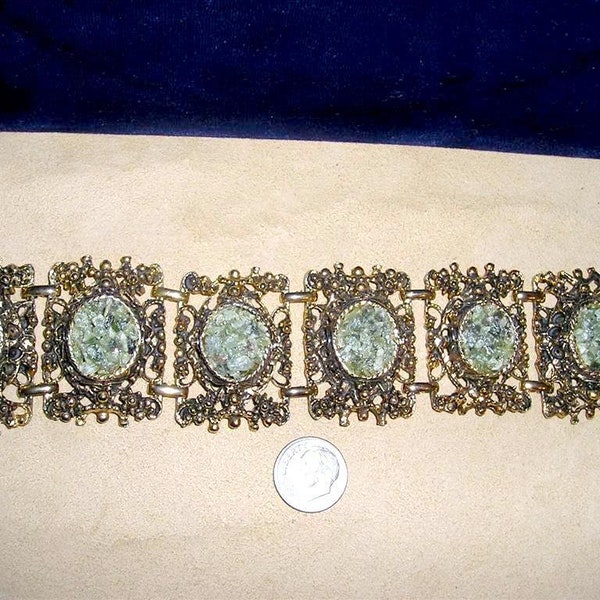 Vintage Signed Century Panel Bracelet With Real Jade Chips Early 1950's Jewelry 11012