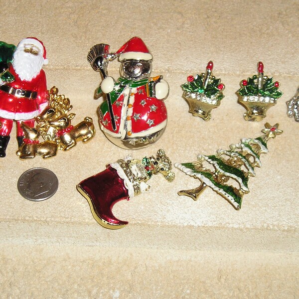 Lot Of 6 Vintage All Christmas Brooches Pins 1 Is Rhinestone Candle Stick Earrings One Signed AJC Gerrys 1970's-80's Jewelry 2167