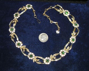 Vintage Signed Coro baguette Rhinestone Flower Choker Necklace 1960's Jewelry 2302