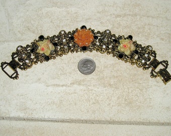 Vintage Black And Clear Rhinestone Book Chain Bracelet With Celluloid Rose Flowers. Splendid Piece 1950's Jewelry 2165