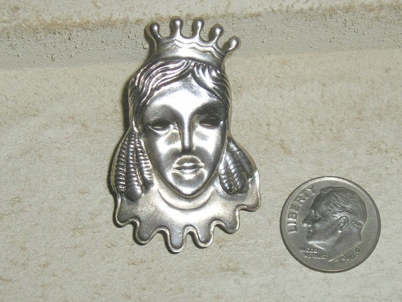 Vintage Signed Lang Sterling Silver Queen Head Brooch Pin 1940's