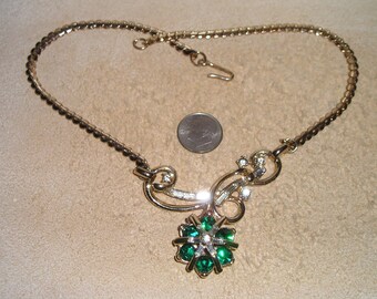 Vintage Green Crystal Rhinestones And Clear Baguette Rhinestone Flower Choker Necklace 1960's Jewelry 2051