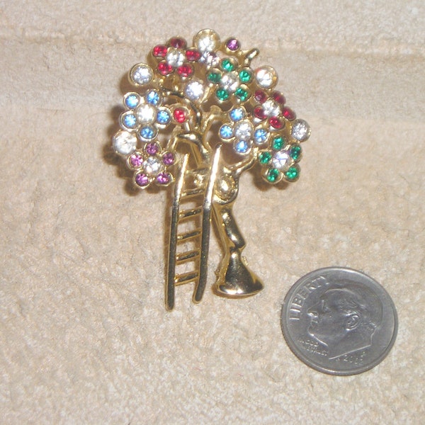 Vintage Signed With Number 20478 For Sphinx Rhinestone Orchard Tree Brooch Pin With Ladder 1970's Jewelry 60006