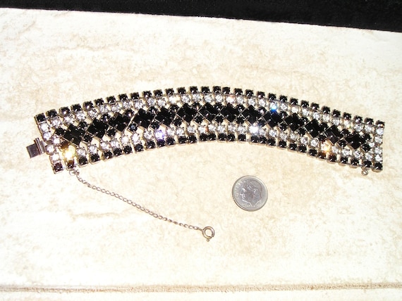 Vintage Signed Joseph Warner Rhinestone 7 Row Bracelet With Black