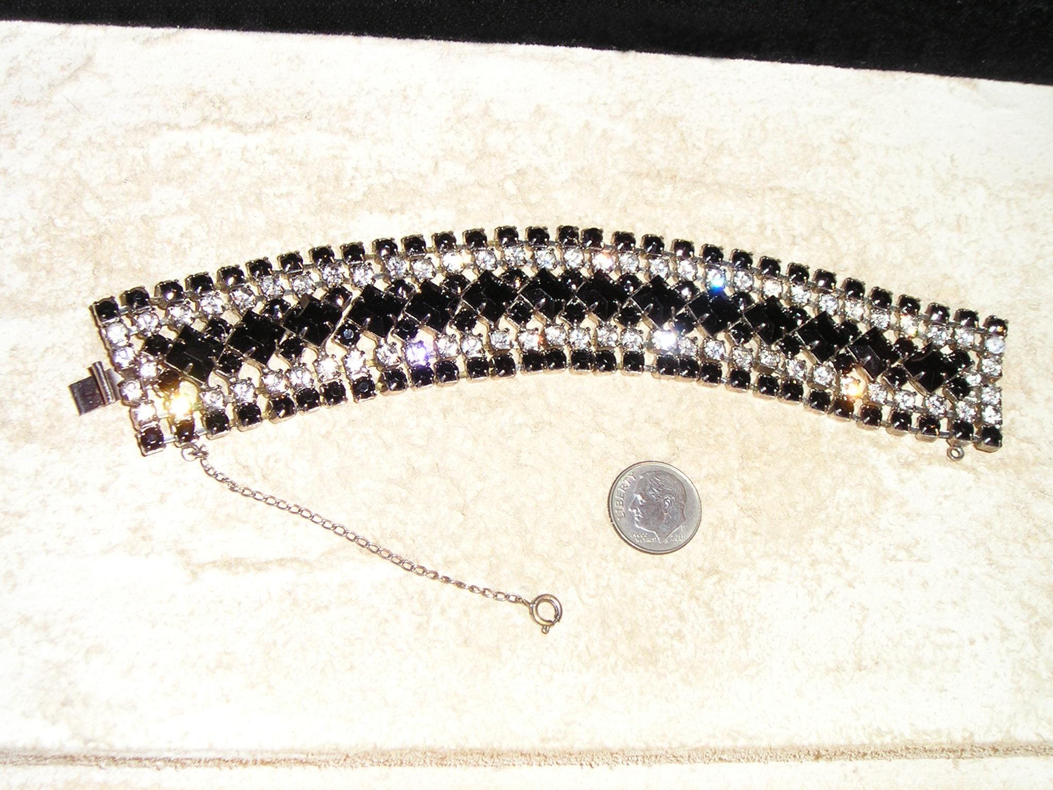 Vintage Signed Joseph Warner Rhinestone 7 Row Bracelet With Black