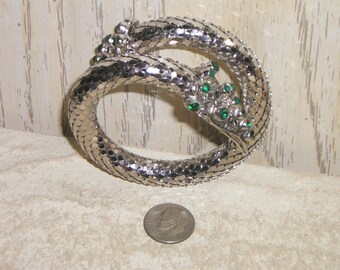 Vintage Unsigned Whiting & Davis Sea Serpent Mesh Wrap Around Bracelet With Green Rhinestones. Rare 1960's Jewelry 10063