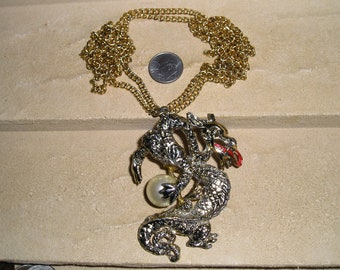 Vintage Large Enamel Dragon Pendant Necklace With Faux Pearl 1960's Jewelry 026