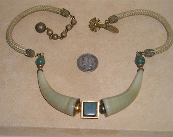 Vintage Miriam Haskell Egyptian Necklace With Real Onyx And Jade Rare 1970's Choker Signed Jewelry 2163