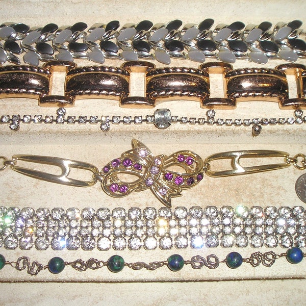 Vintage Lot Of 6 Costume Bracelets. Big Gold Tone Signed Germany Purple Rhinestone Signed Coro. Nice Group 1960's Jewelry 11087