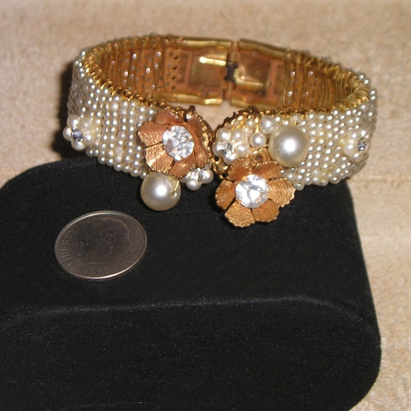 Vintage Wirework Rhinestone And Seed Pearl Hinged Bracelet Attributed To Miriam Haskell 1960's Jewelry 2125
