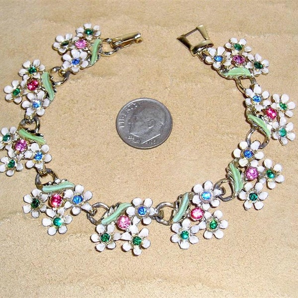 Vintage White Enamel Flower Bracelet With Pink Blue Green Rhinestones 1950's Jewelry 10023