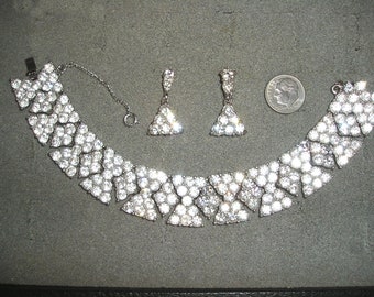 Signed Bogoff Pat. 150675 Crystal Rhinestone Bracelet Earring Set. Glitzy! 1940's Vintage Jewelry AM11