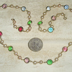 Vintage Wonderful Bezel Set Rhinestone And Faux Pearl Necklace 1960&#39;s Jewelry 163