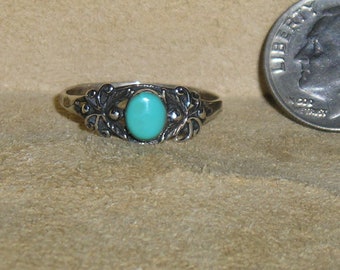 Vintage Signed Sterling Silver Ring With Sleeping Beauty Turquoise Cabochon 1960's Size 7 3/4 Jewelry 7098