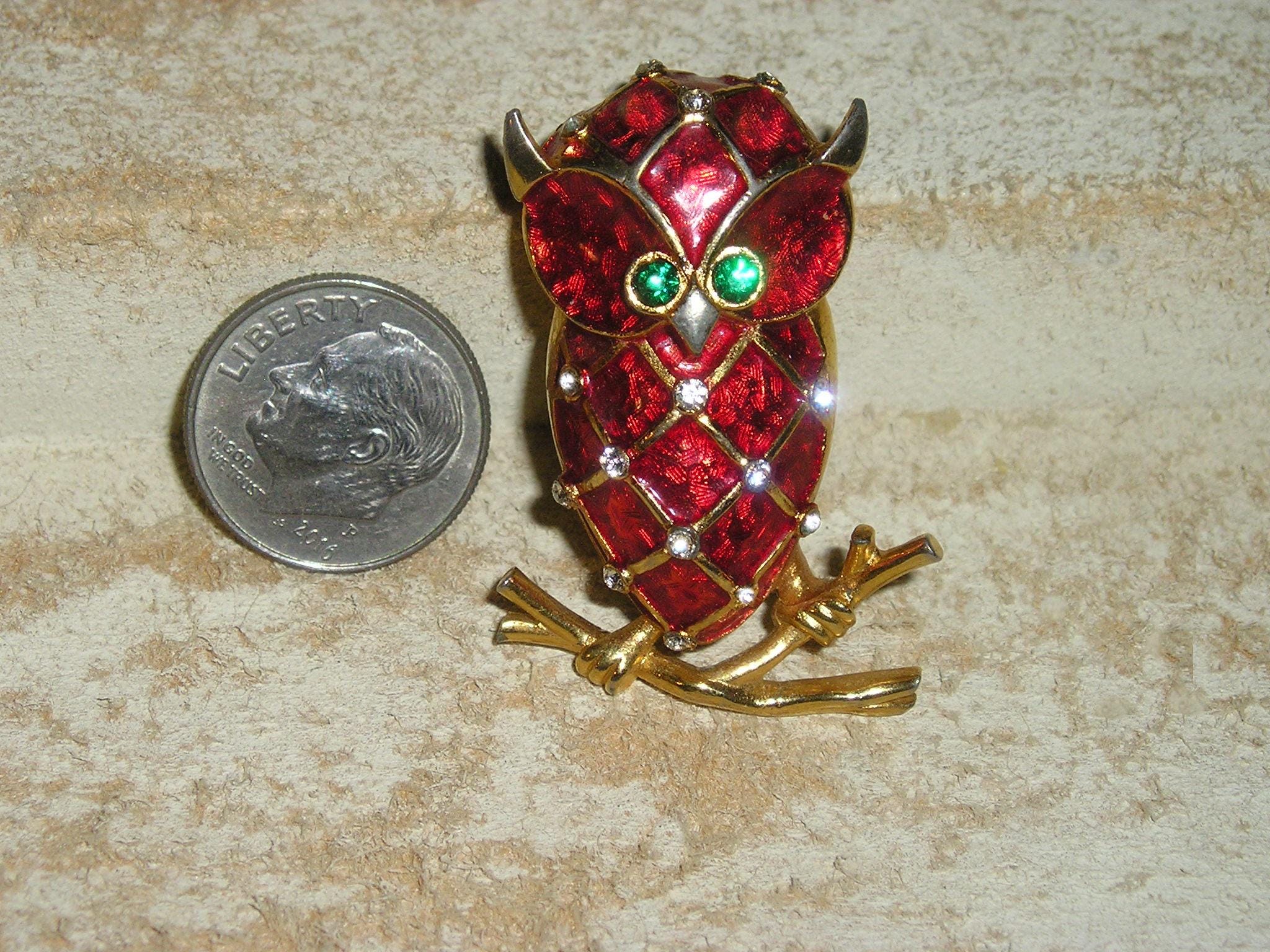 Signed Boucher Red Orange Enamel Owl Brooch With Rhinestone Accents. Too Cute. 1960's Jewelry 60