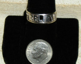 Vintage Signed Sterling Silver Band Ring Reads "Believe With Heart" 1970's Size 7 3/4 Jewelry 848