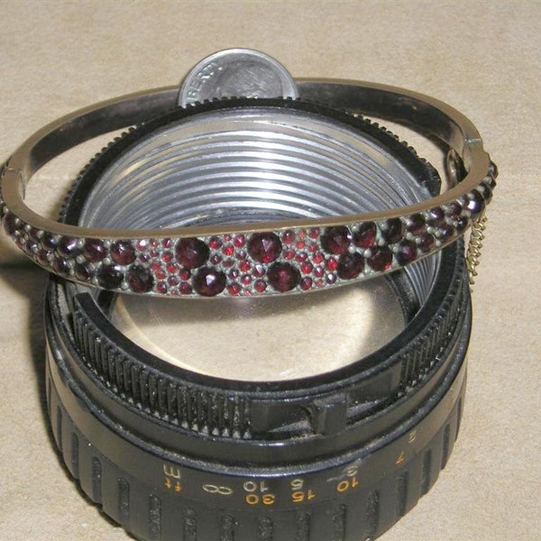 Antique Real Dark Bohemian Garnet  Brass Hinged Bracelet. Statement Piece 1900's Vintage Jewelry 11043