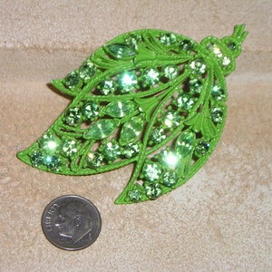 Vintage Green Enamel Leaf Brooch Pin With Crystal Rhinestone Accents. Chic! 1960&#39;s Jewelry 2262