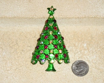 Vintage Signed Mylu Green Enamel Rhinestone Christmas Tree Brooch Pin 1960's Vintage Jewelry 3109
