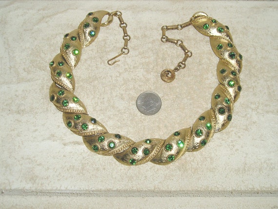 Vintage Signed Lisner Green Rhinestone Choker Nec… - image 1