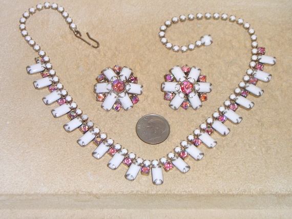 Vintage Opaque Solid White Glass Choker Necklace And Clip On Earrings With Iridescent Rhinestone Accents. Simply Lovely  1950's Jewelry 2182