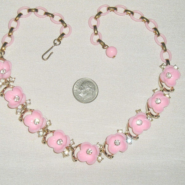 Vintage Signed Lisner Pink Celluloid Rhinestone Flower Choker Necklace. Posh! Late 1950's Jewelry 7034