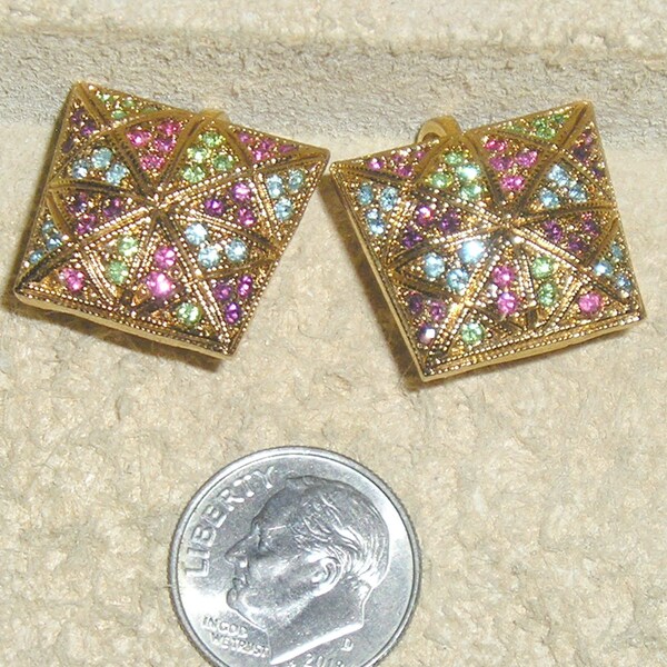 Signed D'Orlan Multicolored Crystal Rhinestone Pierced Earrings. Posh! 1970's Vintage Jewelry 60014