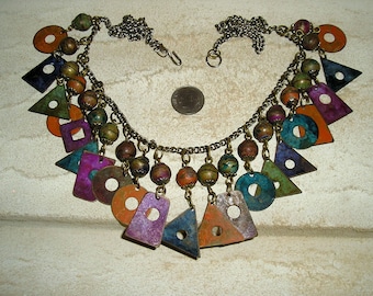 Vintage Multicolored Metal Necklace Different Shapes. Distinctive 1970's Jewelry b28