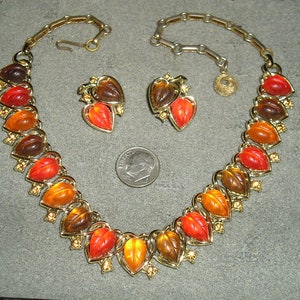 Vintage Signed Lisner Lucite Leaf Choker Necklace And Screw Back Earrings Set With Topaz Rhinestone Accents. Yummy! 1960&#39;s Jewelry b27