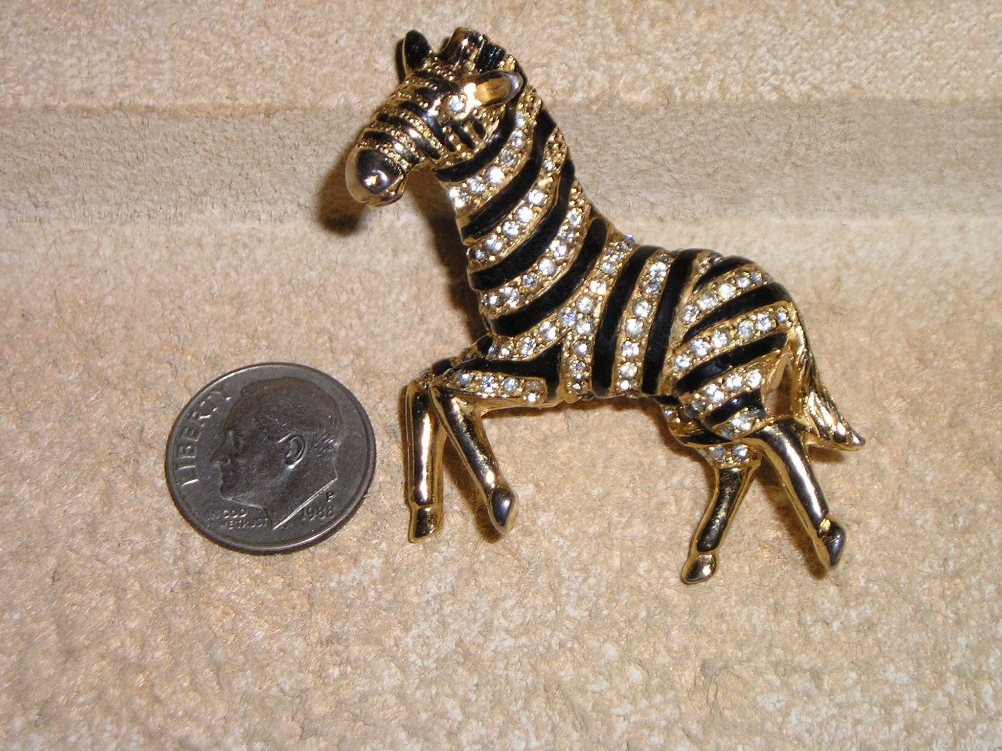 Signed Hattie Carnegie Rhinestone and Black Enamel Zebra Horse