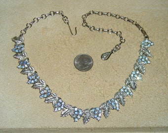 Vintage Signed Coro Silver Tone Baby Blue Rhinestone Leaf Pattern Necklace. Posh! 1960's Jewelry 1043