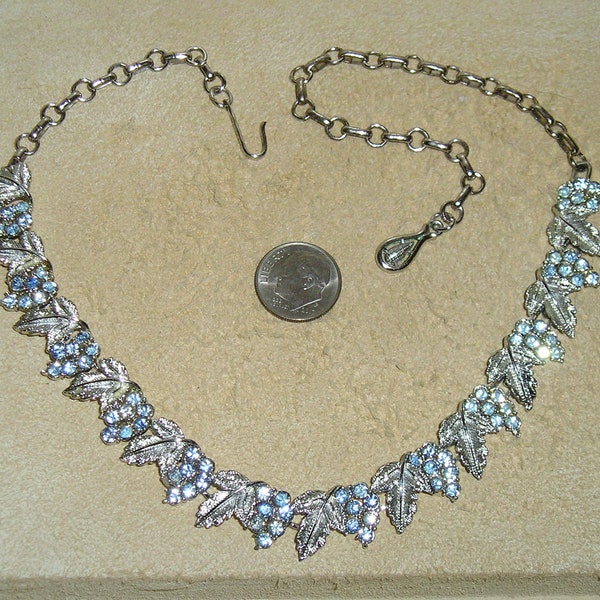 Vintage Signed Coro Silver Tone Baby Blue Rhinestone Leaf Pattern Necklace. Posh! 1960's Jewelry 1043