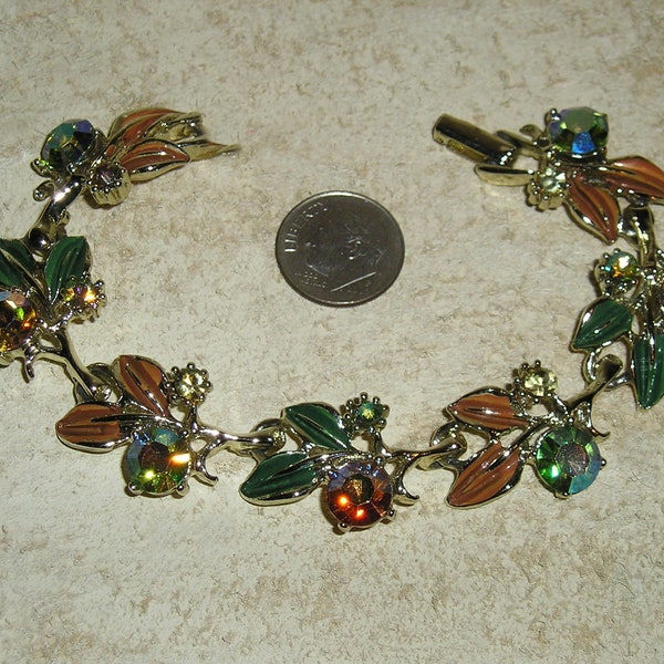 Vintage Signed Pam Iridescent Crystal Rhinestones And Green Enamel Leaf Bracelet 1960's Jewelry c31