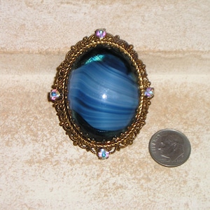 Vintage Signed West Germany On Pin Blue Art Glass Brooch With Iridescent Rhinestone Accents 1950&#39;s Jewelry 3095