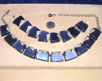 Vintage Signed Charel Blue Moonglow Lucite Rhinestone Necklace Bracelet Set. 1960's Jewelry 2312