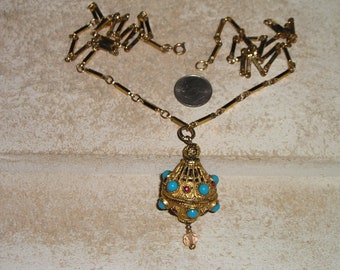 Signed Florenza Victorian Revival Rhinestone Pendant Sputnik Pill Holder Necklace. Chic! 1960's Vintage Jewelry 26