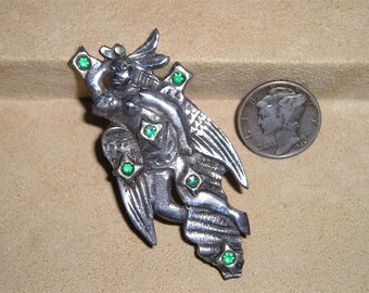 Vintage Signed Sterling Silver Brooch Art Deco Period Winged  Angel With Green Rhinestones 1920's Jewelry 7093
