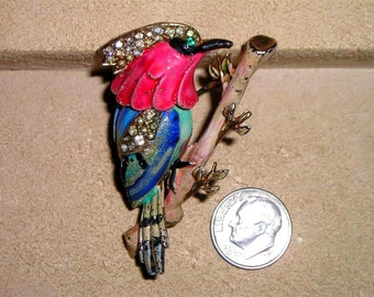 Signed CoroCraft Rhinestone And Enamel Woodpecker Trembler Brooch Pin. Distinctive Rare Piece 1950's Vintage Jewelry a97b