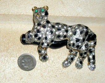 Vintage Panther Rhinestone and Black Enamel Shoulder Brooch
