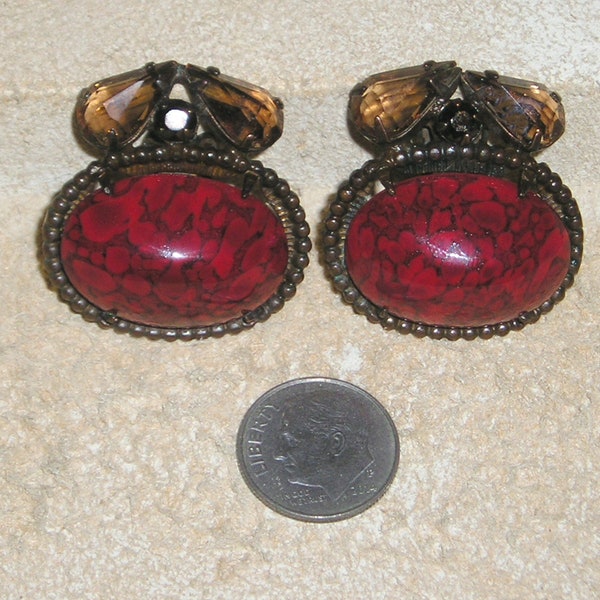 Signed Schreiner Red Glass Faux Coral Cabochon Clip On Earrings With Topaz Tear Drop Rhinestone Accents Early 1950's Vintage Jewelry AM38