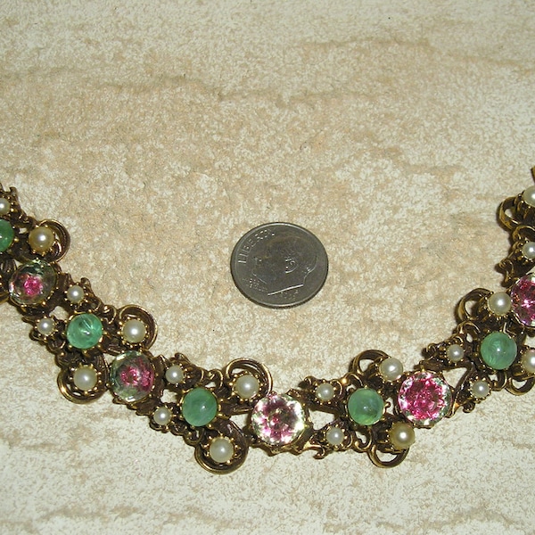 Signed Florenza Art Glass Rhinestone Bracelet With Faux Pearl Accents Late 1950's Jewelry 2041