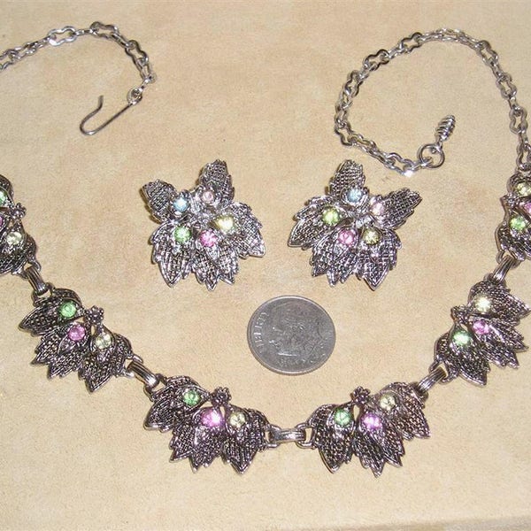 Vintage Rhinestones Choker Necklace And Clip On Earrings Set 1950''s Jewelry 6062