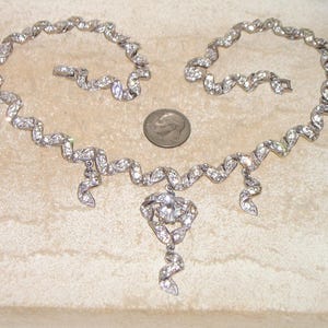 Vintage Clear Crystal Rhinestone Dangle Drop Choker Wedding Necklace. Rhodium Plated 1940&#39;s Jewelry 10026
