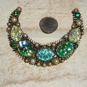 Vintage Splendid Crescent Moon Brooch Dichroic Glass Cabochons Green Rhinestones And Faux Pearl Embellishments 1950's Jewelry Pin 2104